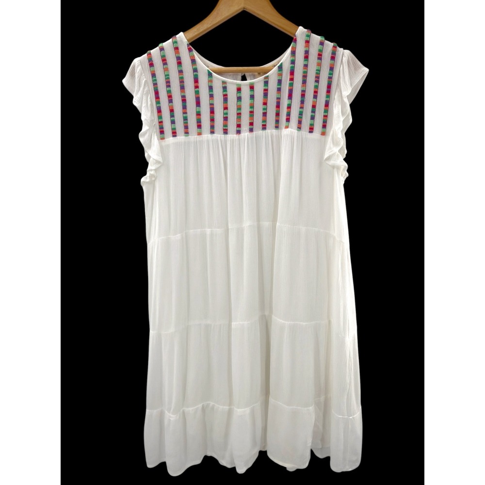 Studio West‎ White Embroidered Boho Dress M Peasant Babydoll Hippie Chic Folk